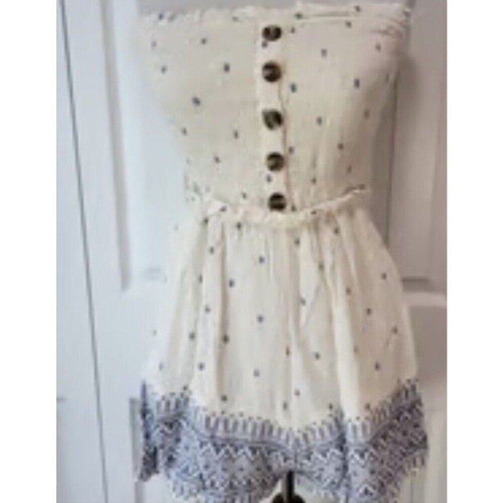 AMERICAN EAGLE CREAM & BLUE SMOCKED Top ROMPER Junior Size S One Piece Boho